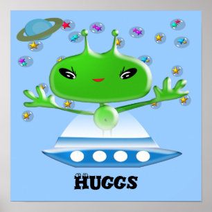 Cute Green Outer Space Aliens with Space Ship Poster