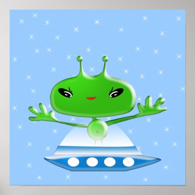 Cute Green Outer Space Aliens with Space Ship Poster (Front)