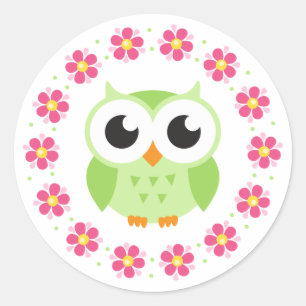 Cute green owl inside pink flower border classic round sticker