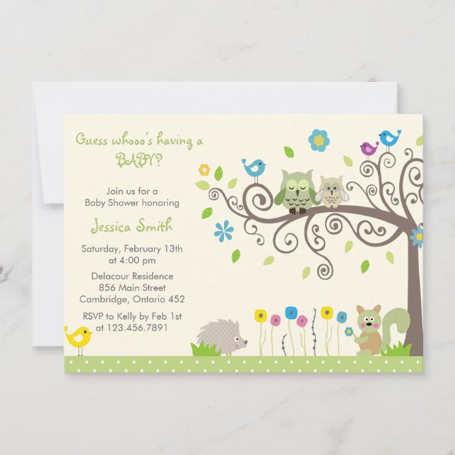 Cute Green Owl Neutral Baby Shower Invitations (Front)