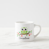 Cute green owl on floral branch personalised name