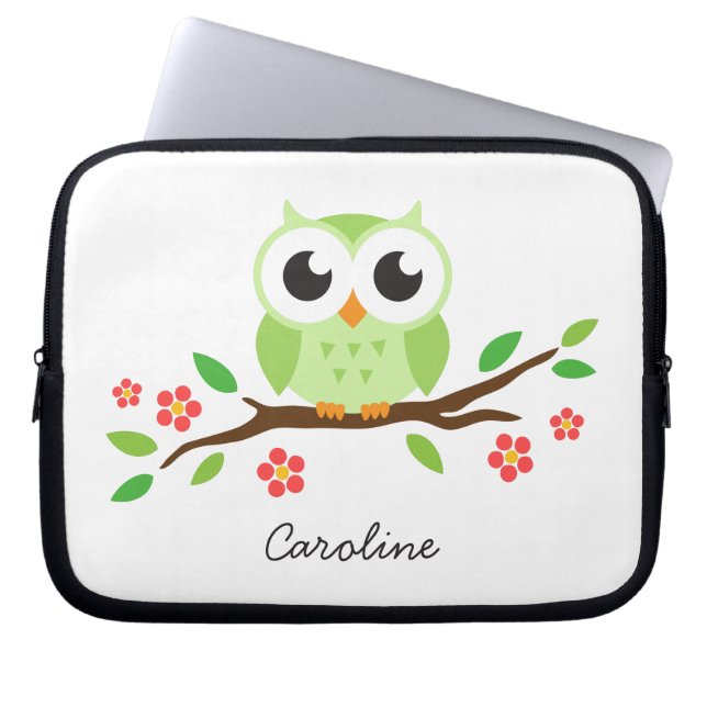 Cute green owl on floral branch personalised name laptop sleeve (Front)