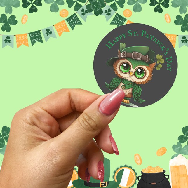 Cute Green Owl St. Patrick’s Day Classic Round Sticker (St. Patrick's Day Green Owl Classic Round Sticke)