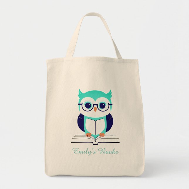 Cute green owl with book personalised library book tote bag (Front)