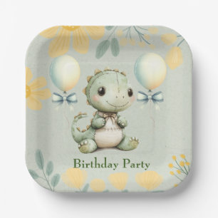 Cute Green Painted Dinosaur 1st Birthday Party Paper Plate
