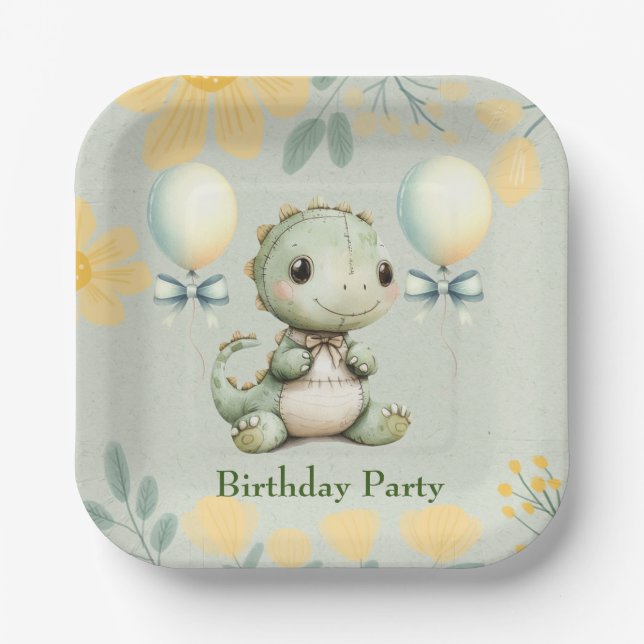 Cute Green Painted Dinosaur 1st Birthday Party Paper Plate (Front)