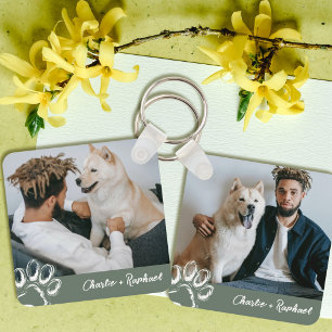 Cute Green Paw Print Dog Lover Pet Photo & Name Key Ring