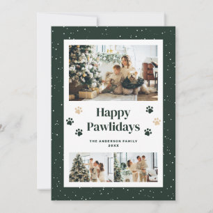 Cute Green Paw Prints Snow Photo Happy Pawlidays Holiday Card
