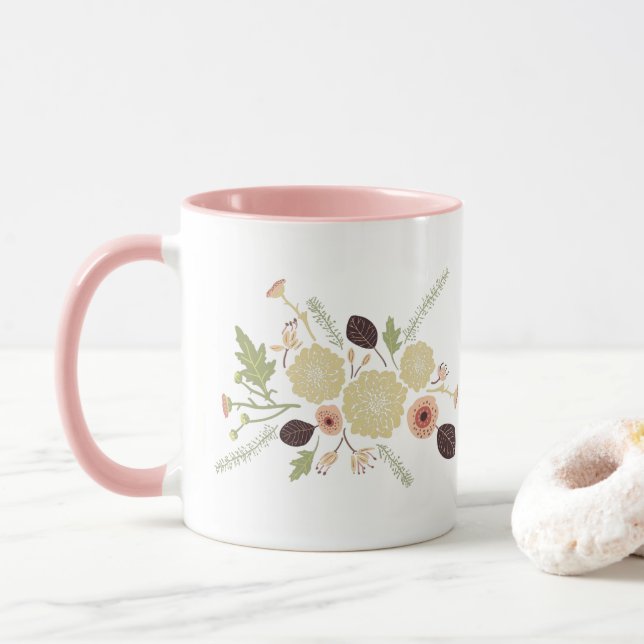 Cute Green Peach Floral Flowers Motif Mug (With Donut)