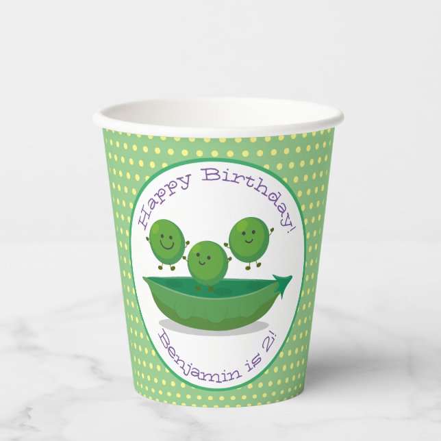 Cute green peas in pod cartoon illustration paper cups (Front)
