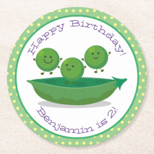 Cute green peas in pod cartoon illustration round paper coaster