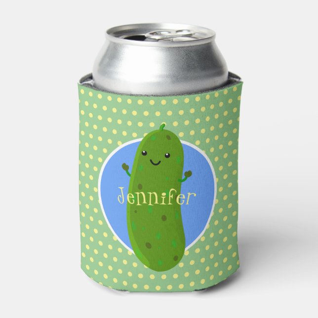 Cute green pickle cucumber cartoon illustration can cooler (Can Front)