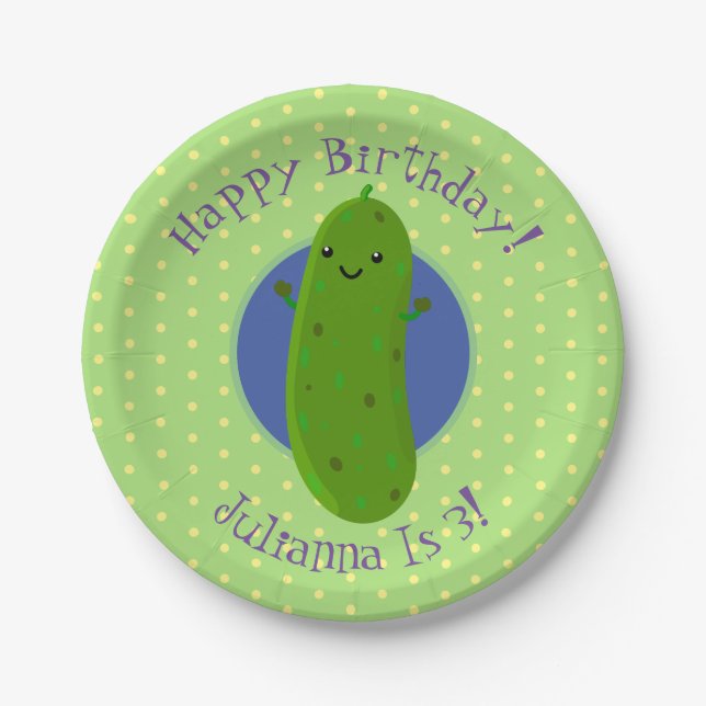 Cute green pickle cucumber personalised birthday paper plate (Front)