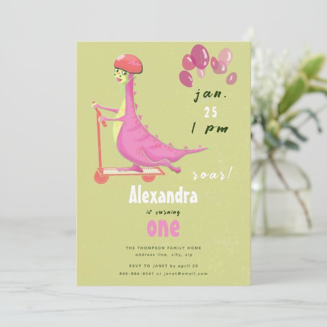 Cute Green Pink Dinosaur Scooter Girl Birthday  Invitation (Standing Front)
