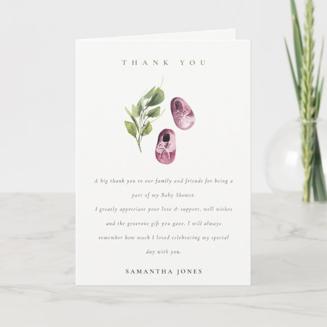 Cute Green Pink Girl Shoes Foliage Baby Shower Thank You Card (Front)
