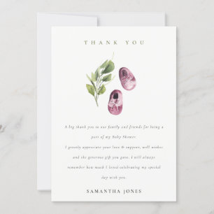 Cute Green Pink Girl Shoes Foliage Baby Shower Thank You Card