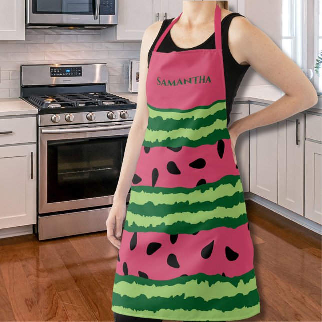 Cute Green & Pink Watermelon Design Custom Name  Apron (Creator Uploaded)