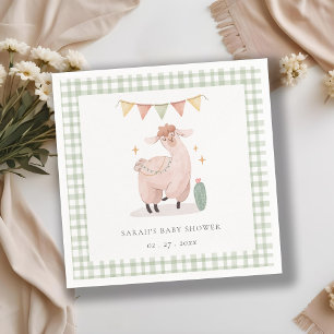 Cute Green Plaid Cactus Boho Llama Baby Shower Napkin