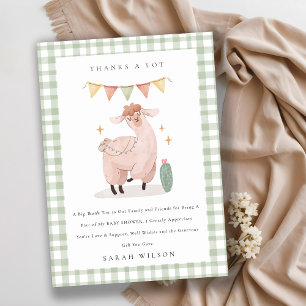 Cute Green Plaid Cactus Boho Llama Baby Shower Thank You Card