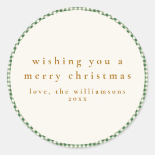 Cute Green Plaid Custom Christmas Wishes Classic Round Sticker