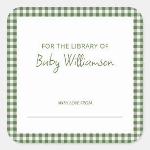 Cute Green Plaid Gingham Baby Shower Bookplate Square Sticker
