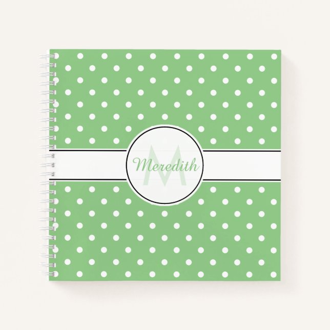 Cute Green Polka Dot Pattern Monogram Notebook (Front)