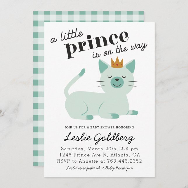 Cute Green Prince Kitty Cat Baby Shower Invitation (Front/Back)