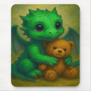 Cute Green Puppy Eyed Baby Dragon with Teddy Bear Mouse Pad
