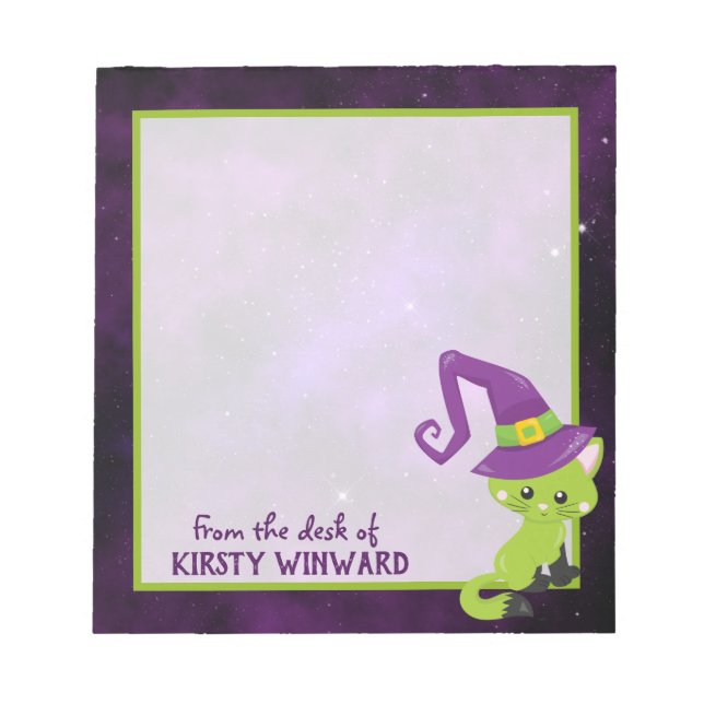Cute Green Purple Halloween Cat Notepad (Front)
