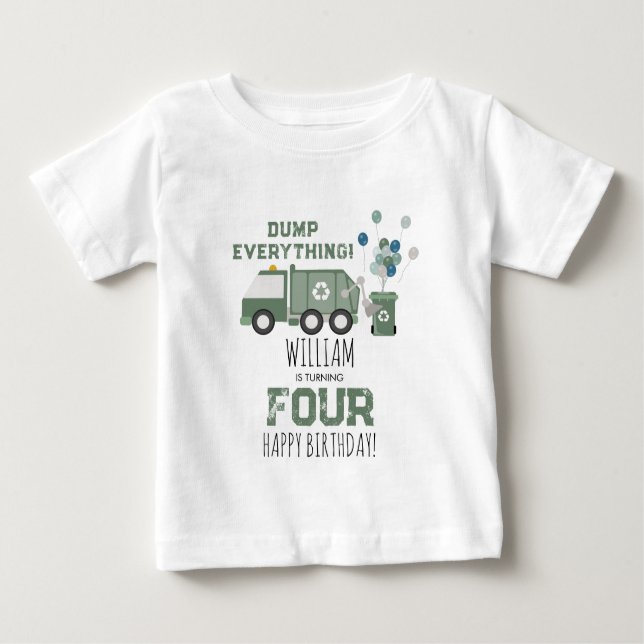 Cute Green Recycling Truck Kids Name Age Birthday Baby T-Shirt (Front)