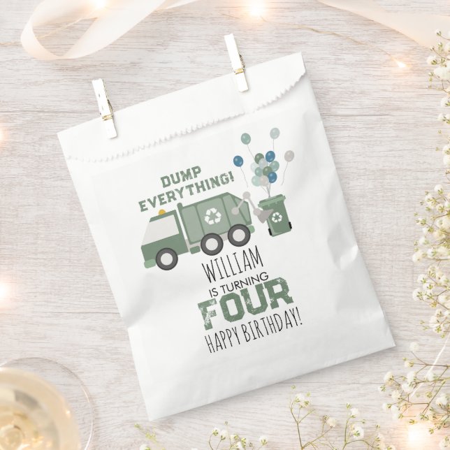Cute Green Recycling Truck Kids Name Age Birthday Favour Bag (Clipped)