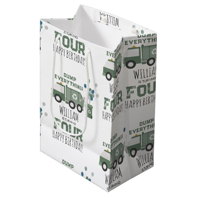 Cute Green Recycling Truck Kids Name Age Birthday Medium Gift Bag (Front Angled)