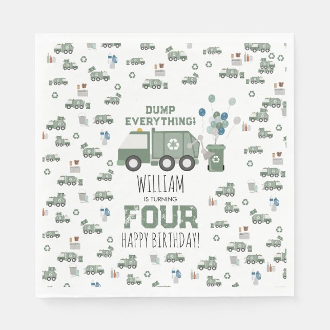Cute Green Recycling Truck Kids Name Age Birthday Napkin (Front)