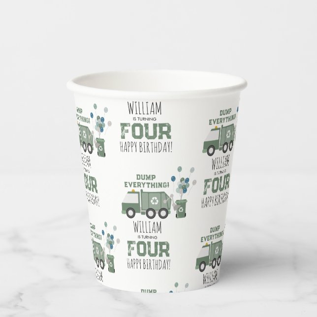Cute Green Recycling Truck Kids Name Age Birthday Paper Cups (Front)