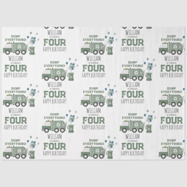 Cute Green Recycling Truck Kids Name Age Birthday Tissue Paper (Front)