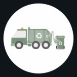 Cute Green Recycling Truck Kids Vehicles Birthday Classic Round Sticker<br><div class="desc">A cute hand drawn illustration of green garbage trucks sorting and collection the trash. A green garbage trucks and its recyclables design. A cute kids birthday theme design and customised gift for anyone who loves to recycle,  garbage trucks,  transportation,  vehicles and hand drawn illustrations.</div>
