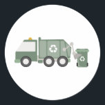 Cute Green Recycling Truck Kids Vehicles Birthday Classic Round Sticker<br><div class="desc">A cute hand drawn illustration of green garbage trucks sorting and collection the trash. A green garbage trucks and its recyclables design. A cute kids birthday theme design and customised gift for anyone who loves to recycle,  garbage trucks,  transportation,  vehicles and hand drawn illustrations.</div>