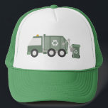 Cute Green Recycling Truck Kids Vehicles Birthday Trucker Hat<br><div class="desc">A cute hand drawn illustration of green garbage trucks sorting and collection the trash. A green garbage trucks and its recyclables design. A cute kids birthday theme design and customised gift for anyone who loves to recycle,  garbage trucks,  transportation,  vehicles and hand drawn illustrations.</div>
