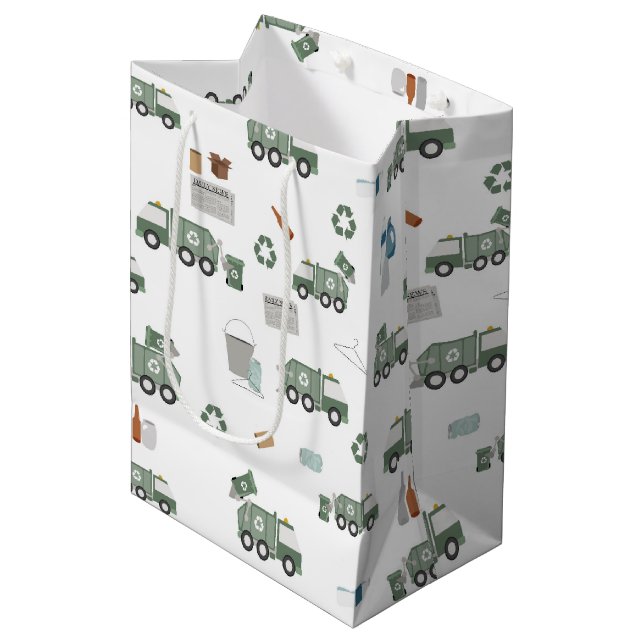 Cute Green Recycling Truck Kids Vehicles Pattern Medium Gift Bag (Front Angled)
