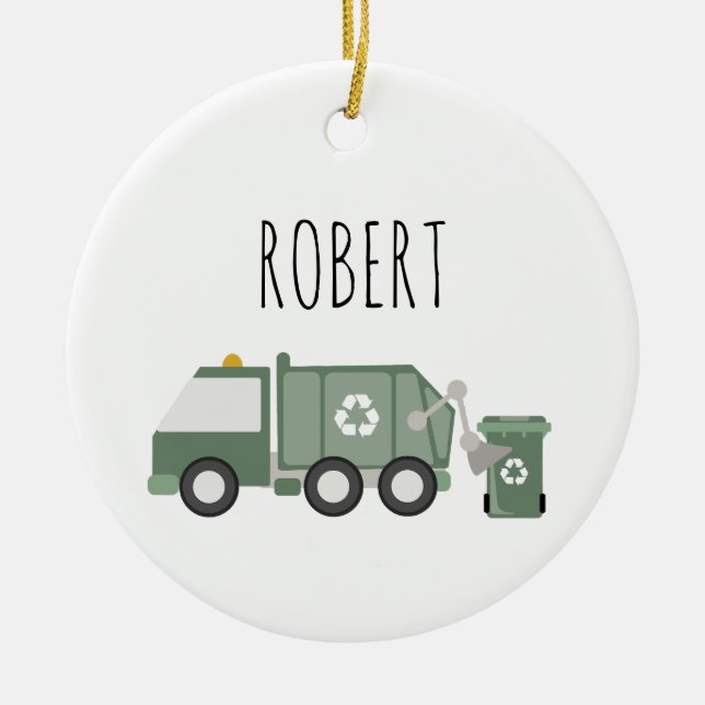 Cute Green Recycling Truck Vehicles Kids Name Ceramic Ornament (Front)
