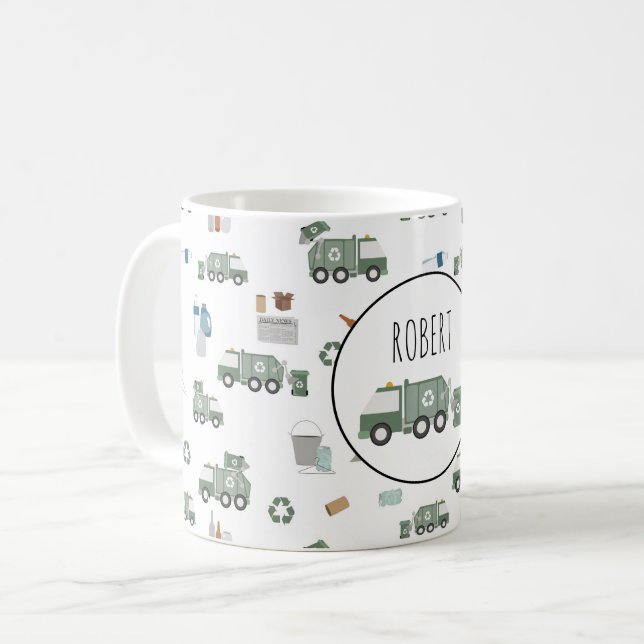 Cute Green Recycling Truck Vehicles Kids Name Coffee Mug (Front Left)