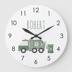 Cute Green Recycling Truck Vehicles Kids Name Large Clock