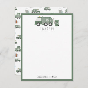 Cute Green Recycling Truck Vehicles Kids Name Thank You Card