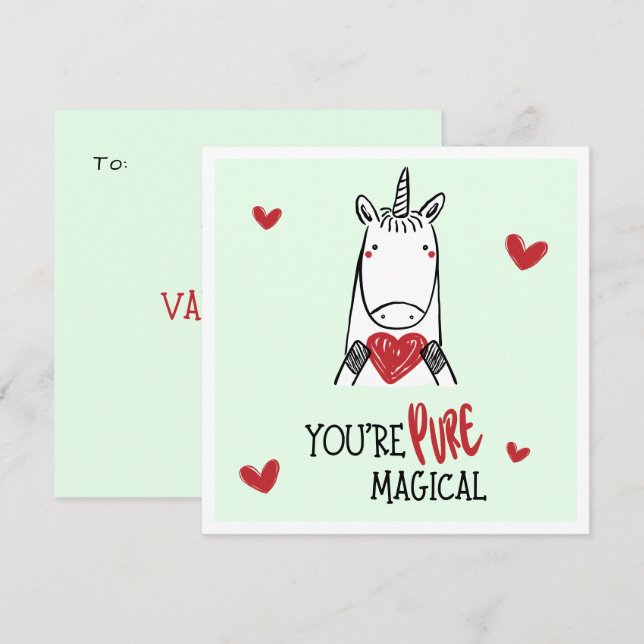 Cute Green Red Hearts Unicorn Kids Valentines Day Card (Front/Back)