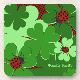 Cute Green Red Ladybug Clover Leaves Family Name Coaster