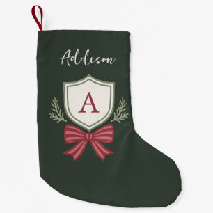 Cute Green Red Monogram Striped Bow Small Christmas Stocking