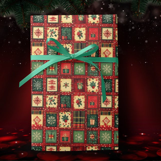 Cute green red patchwork blocks wrapping paper (Creator Uploaded)