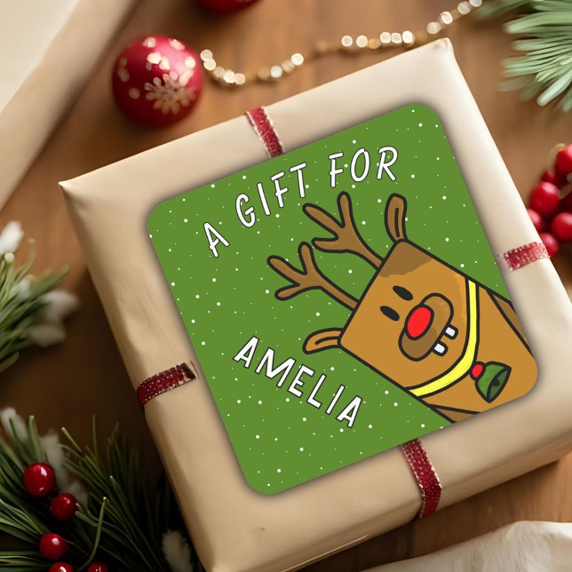 Cute Green Reindeer Kid`s Name Christmas Gift Square Sticker (Creator Uploaded)