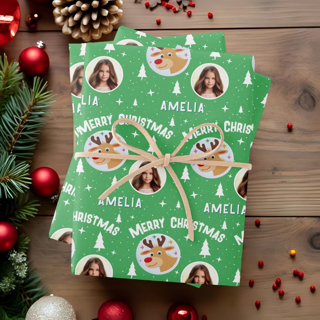 Cute Green Reindeer Kid`s Name Photo Christmas Wrapping Paper Sheet (Creator Uploaded)
