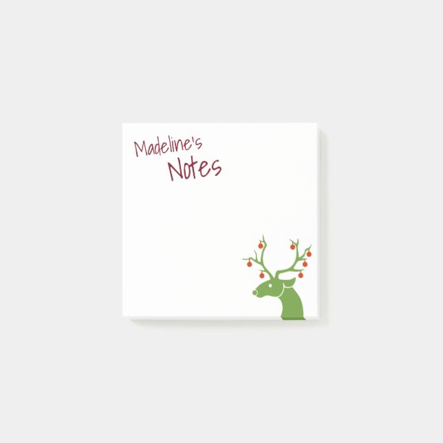 Cute Green Reindeer Personalised Post-it Notes (Front)
